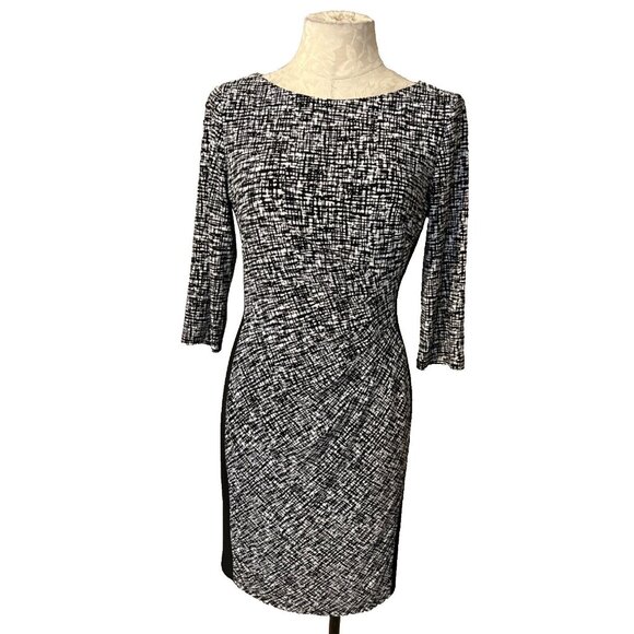 Ralph Lauren Dress 6 Black White Panel 3/4 Long Sleeve Stretch Sheath Washable - Picture 1 of 7